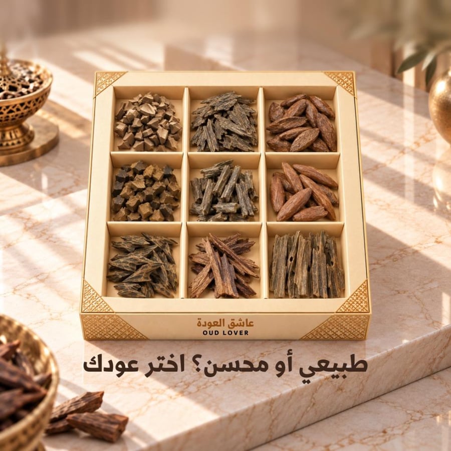 عينات عود طبيعي ومحسن ومسقى بوزن 5 جرامات لكل عينة