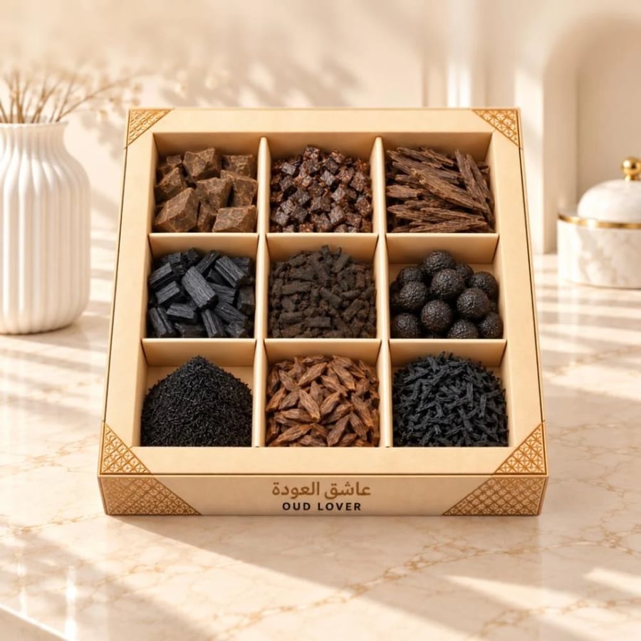 بوكس يضم ارقى انواع العود الطبيعي والمحسن والمعطر والبخور والمعمول