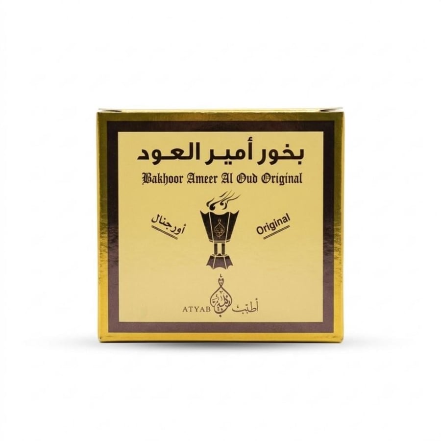 علبة كرتون بخور امير العود اورجنال اطياب الذهبية