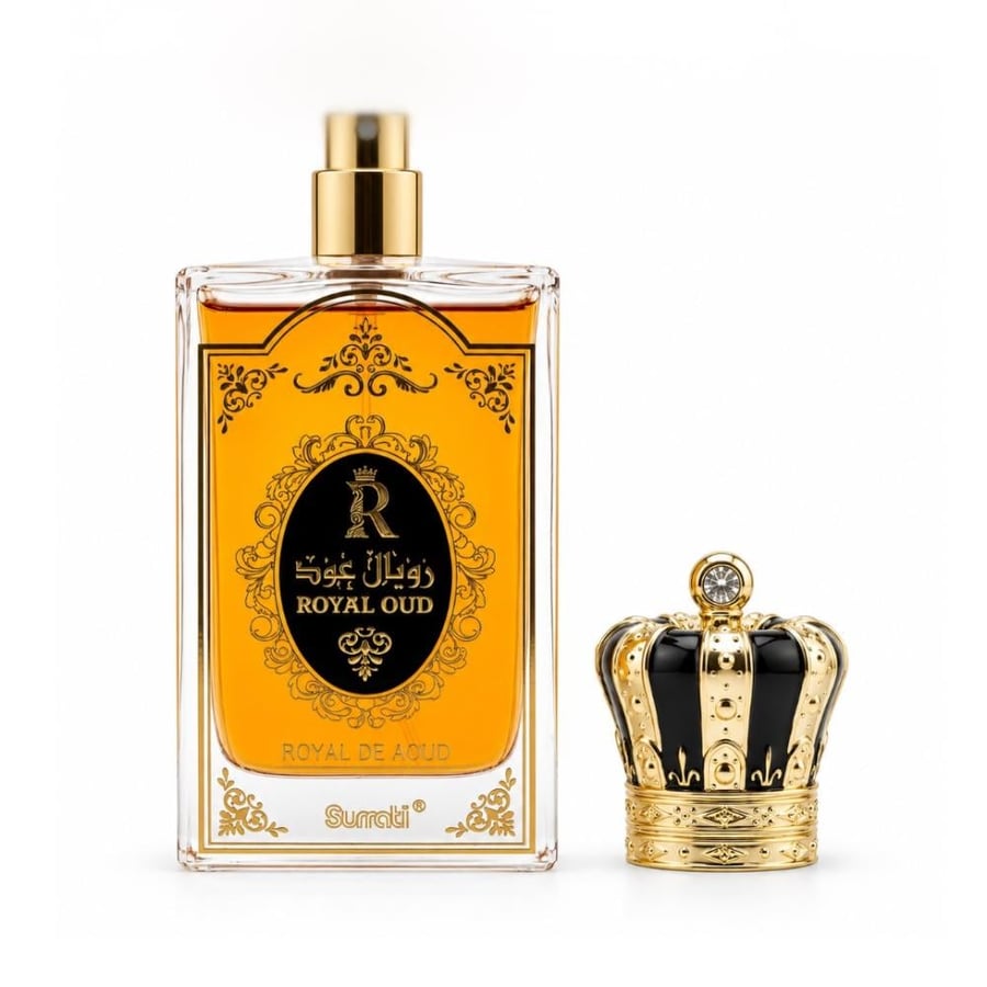 زجاجة عطر رويال عود بغطاء ذهبي على شكل تاج من سراتي