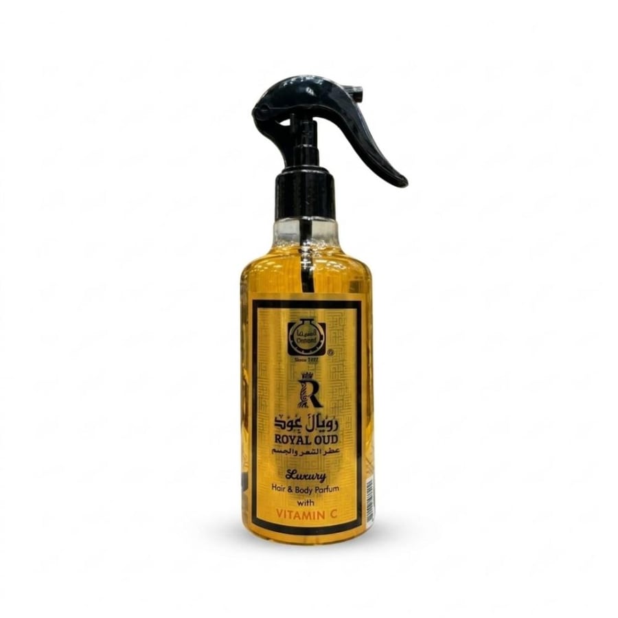 الواجهة الامامية لزجاجة عطر الشعر والجسم رويال عود