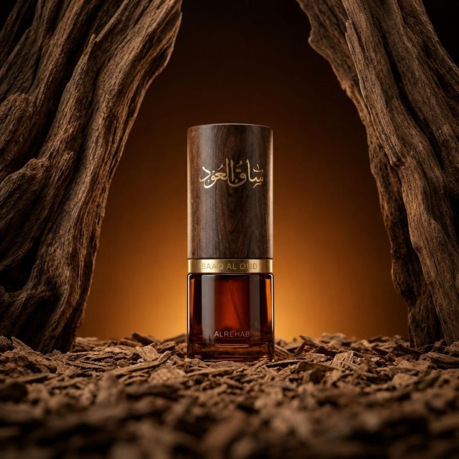 لقطة فنية لزجاجة عطر ساق العود باجواء دافئة ومميزة