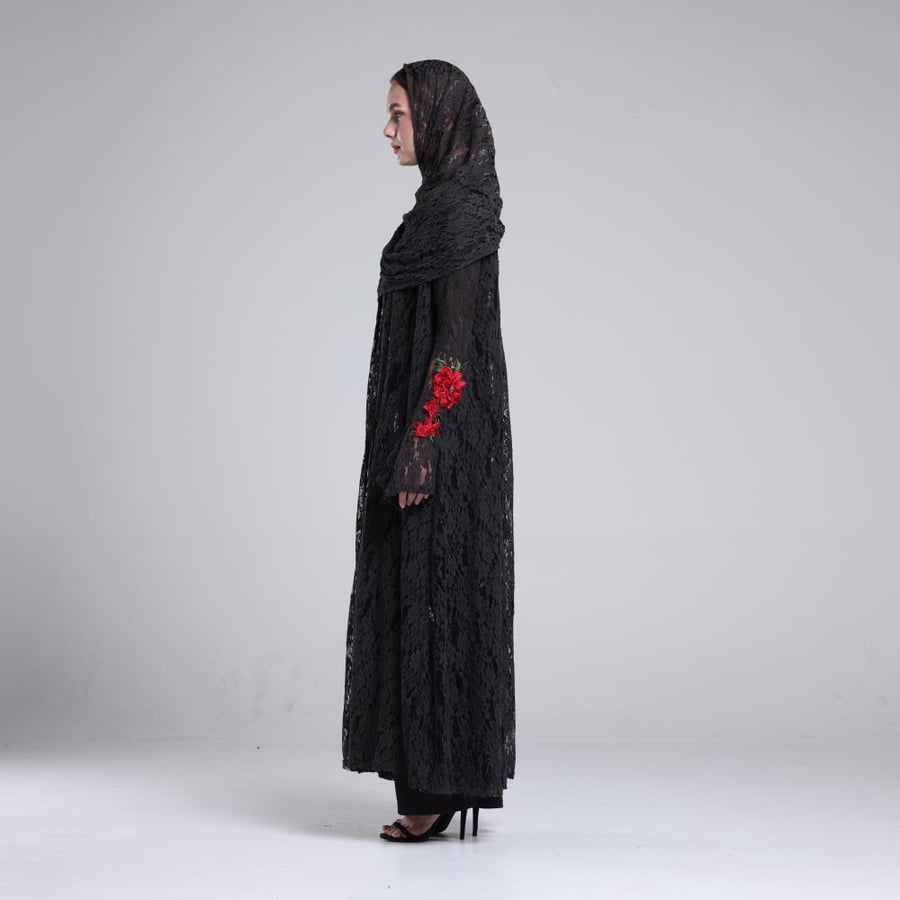 Dark Gray Lace Abaya with Red and Purple Floral Embroidery