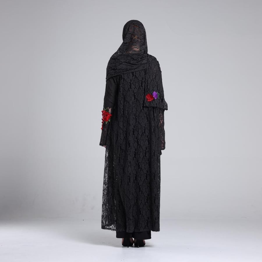 Dark Gray Lace Abaya with Red and Purple Floral Embroidery