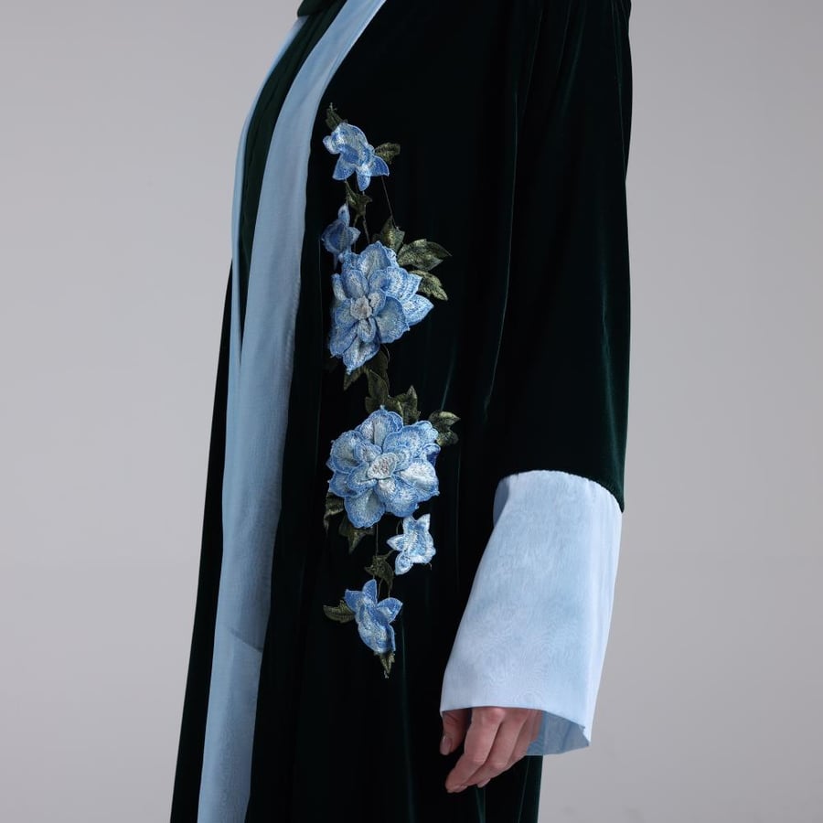 ‏Velvet Dark Green Abaya with Sky Blue Floral Embroidery