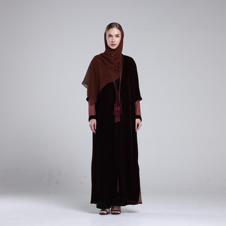 ‏Soft Bling Burnt Brown Velvet Abaya