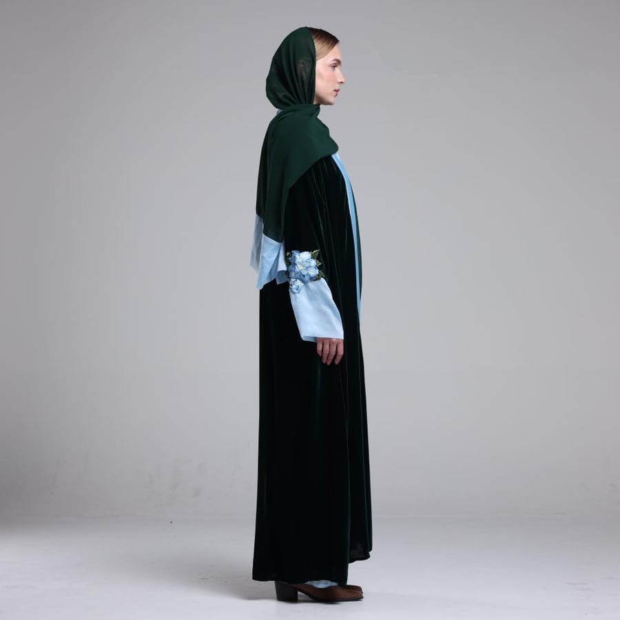 ‏Velvet Dark Green Abaya with Sky Blue Floral Embroidery