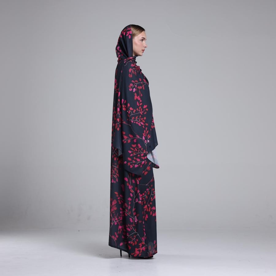 Crepe Abaya with Floral Print in Fuchsia