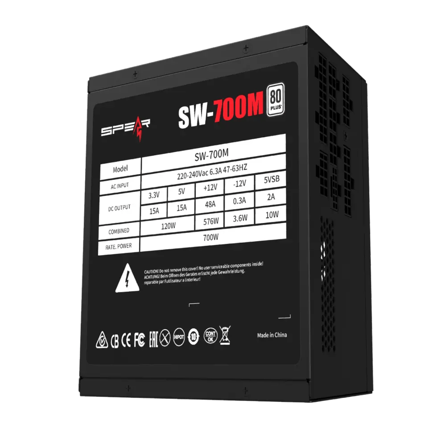 باور سبلاي Spear SW700M 700W Modular أسود — 80 PLUS White · كيبل PCIe 5.0 16-pin · 2× 8-pin