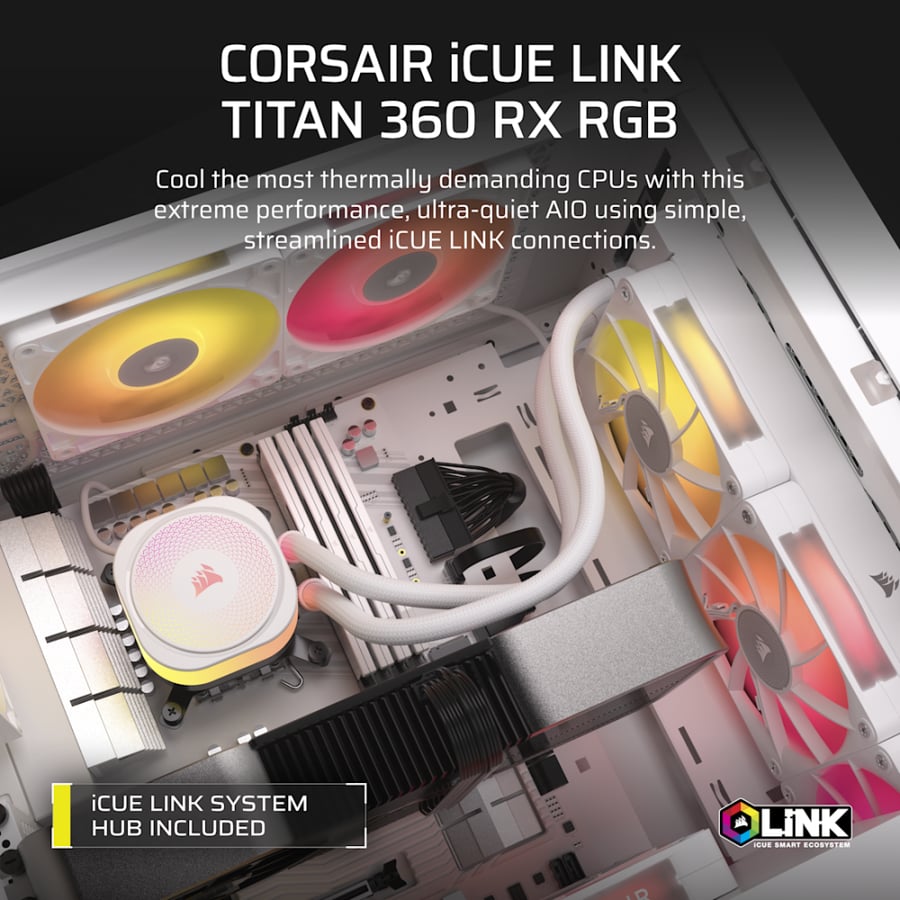 مبرد مائي CORSAIR iCUE LINK TITAN 360 RX RGB أبيض — رادياتير 360mm · 3 مراوح RX120 RGB · LGA 1851 / AM5