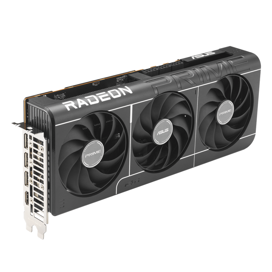 ASUS Prime RX 9070 XT OC, angled view with display outputs