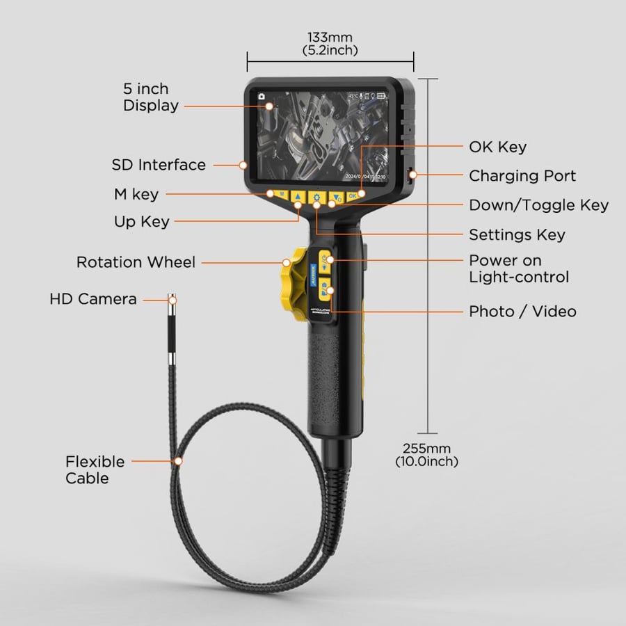 جهاز فحص وكاميرا تصوير داخل أجزاء المكينة والسيارة AUTOOL SVB305 Two-Way 210° Endoscope Camera with Light, 1080P Flexible Cable, 32GB SD Card