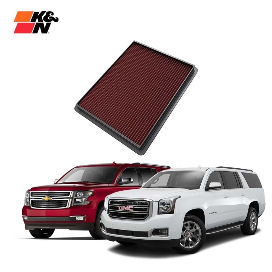 فلتر هواء رياضي K&N —مصمم على قربة الوكالة يناسب للجمس يوكون والتاهو Chevrolet Tahoe&GMC Yukon 1500 5.3L V8 2015-2020| High‑Flow قابل للغسيل | زيادة أداء واستجابة الدعسة 33-2129