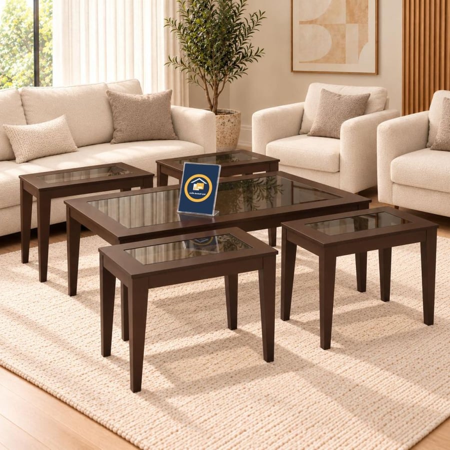 طقم طاولات مجالس MDF معتّق بزجاج داكن وطاولة زاوية - 5 قطع