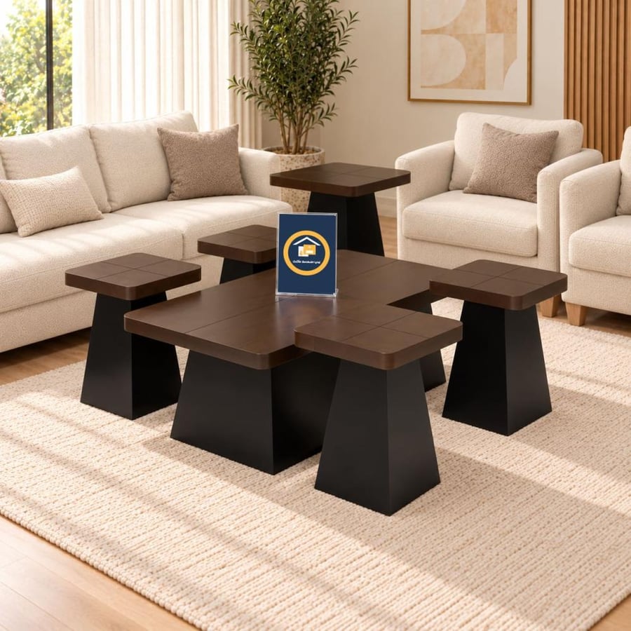 طقم طاولات قهوة MDF بني معتّق بخدمات متداخلة - 5 قطع
