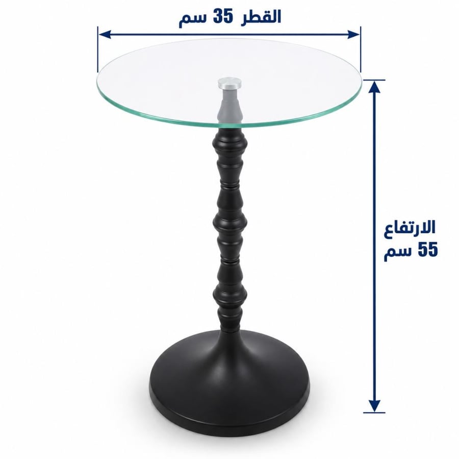 طاولة خدمة دائرية رخام صناعي مع ديكور أسود مطفي بسطح زجاج شفاف