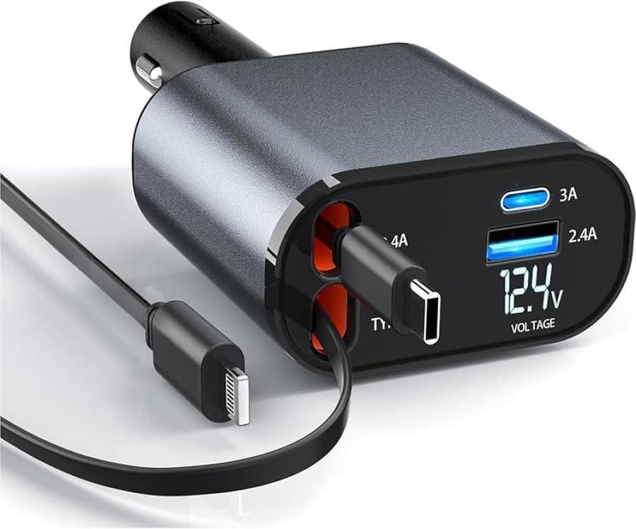 شاحن سيارة 4 في 1 قابل للسحب مع كابلات Type-C و USB-C وشاشة LED لعرض الفولتية