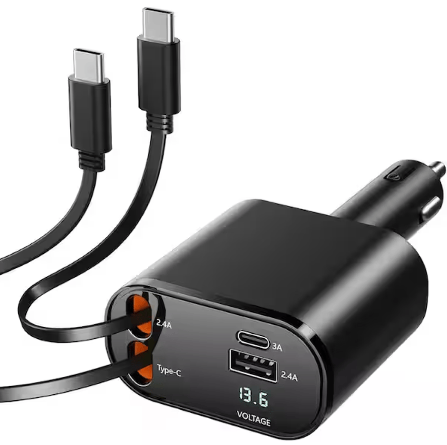 شاحن سيارة 4 في 1 قابل للسحب مع كابلات Type-C و USB-C وشاشة LED لعرض الفولتية