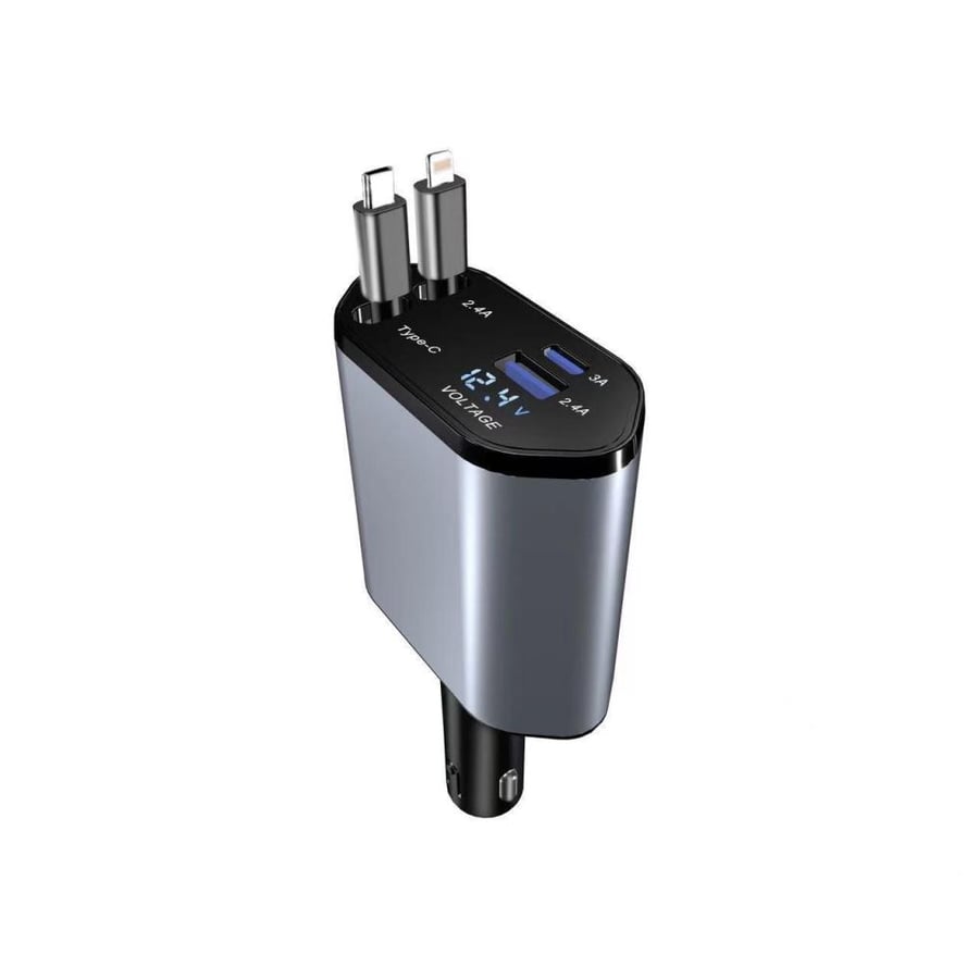 شاحن سيارة 4 في 1 قابل للسحب – كابلات Lightning وType-C مع منفذ USB-C وشاشة LED للفولتية