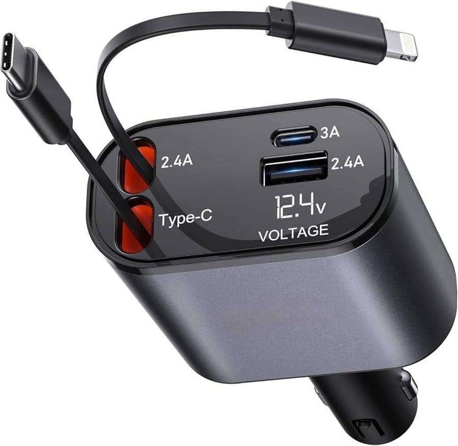 شاحن سيارة 4 في 1 قابل للسحب مع كابلات Type-C و USB-C وشاشة LED لعرض الفولتية