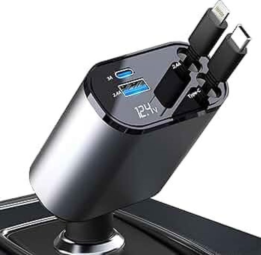 شاحن سيارة 4 في 1 قابل للسحب مع كابلات Type-C و USB-C وشاشة LED لعرض الفولتية