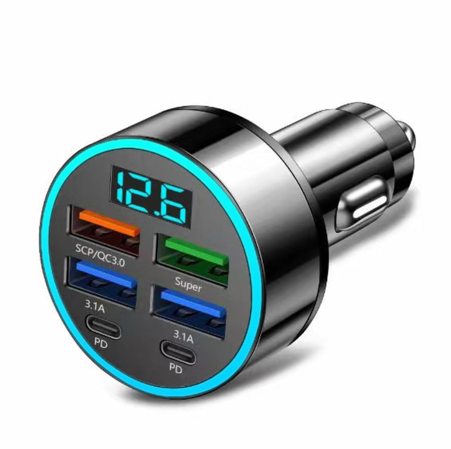 شاحن سيارة C9 سريع بمنفذين PD و4 منافذ USB مع شاشة عرض رقمية لشحن متعدد الأجهزة
