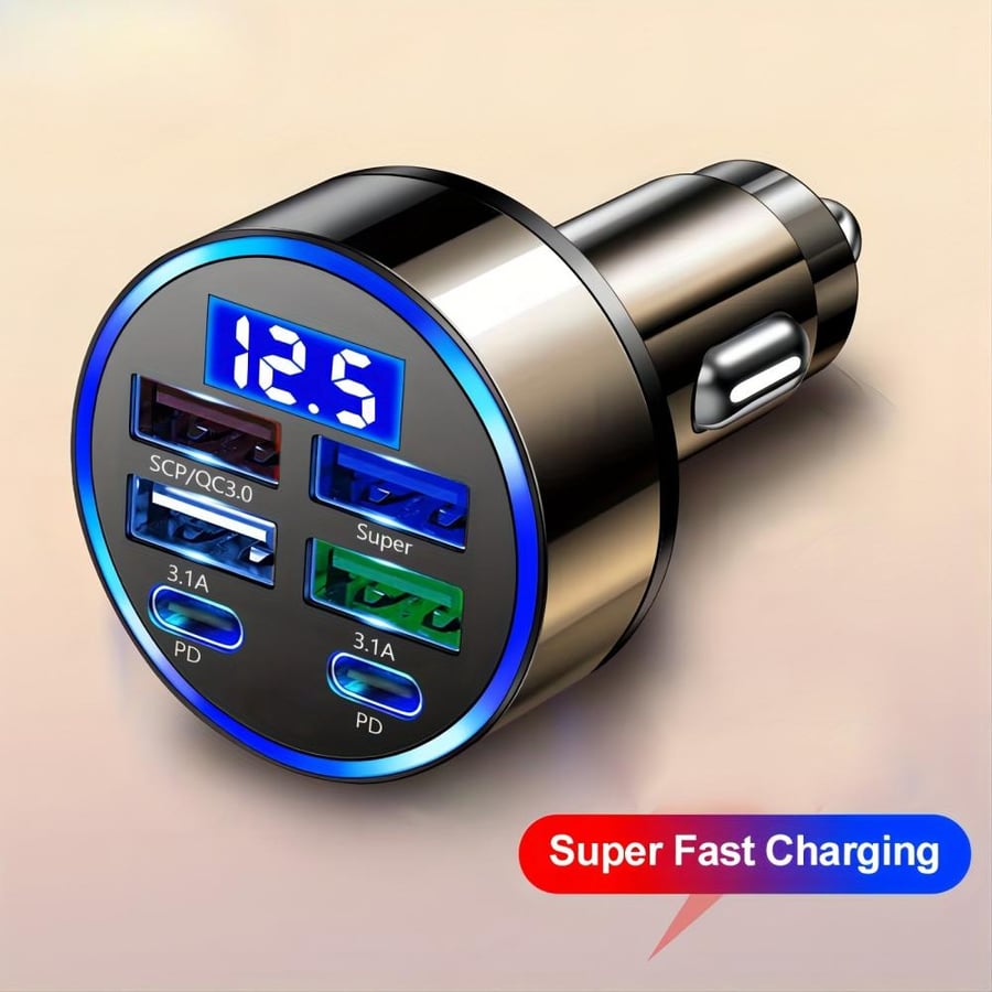 شاحن سيارة C9 سريع بمنفذين PD و4 منافذ USB مع شاشة عرض رقمية لشحن متعدد الأجهزة
