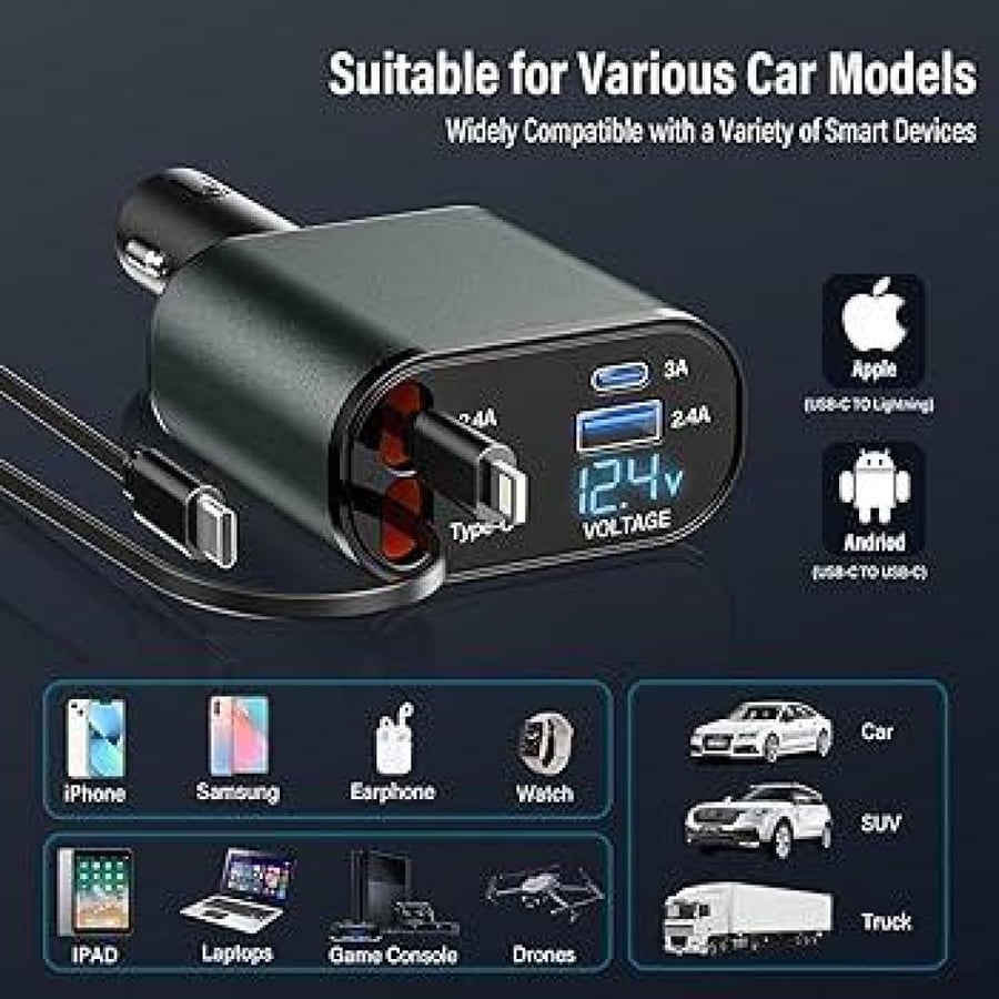 شاحن سيارة 4 في 1 قابل للسحب مع كابلات Type-C و USB-C وشاشة LED لعرض الفولتية