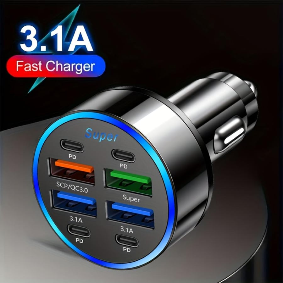 شاحن سيارة C9 سريع بمنفذين PD و4 منافذ USB مع شاشة عرض رقمية لشحن متعدد الأجهزة