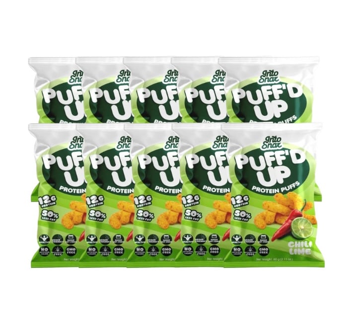 كرتون شيبس انتوسناك بفد اب بنكهة الليمون الحاره - 20 حبة / IntoSnax Puff'd Up Protein CHELI LIME Chips 60g - 20 Pack | High Protein Snack