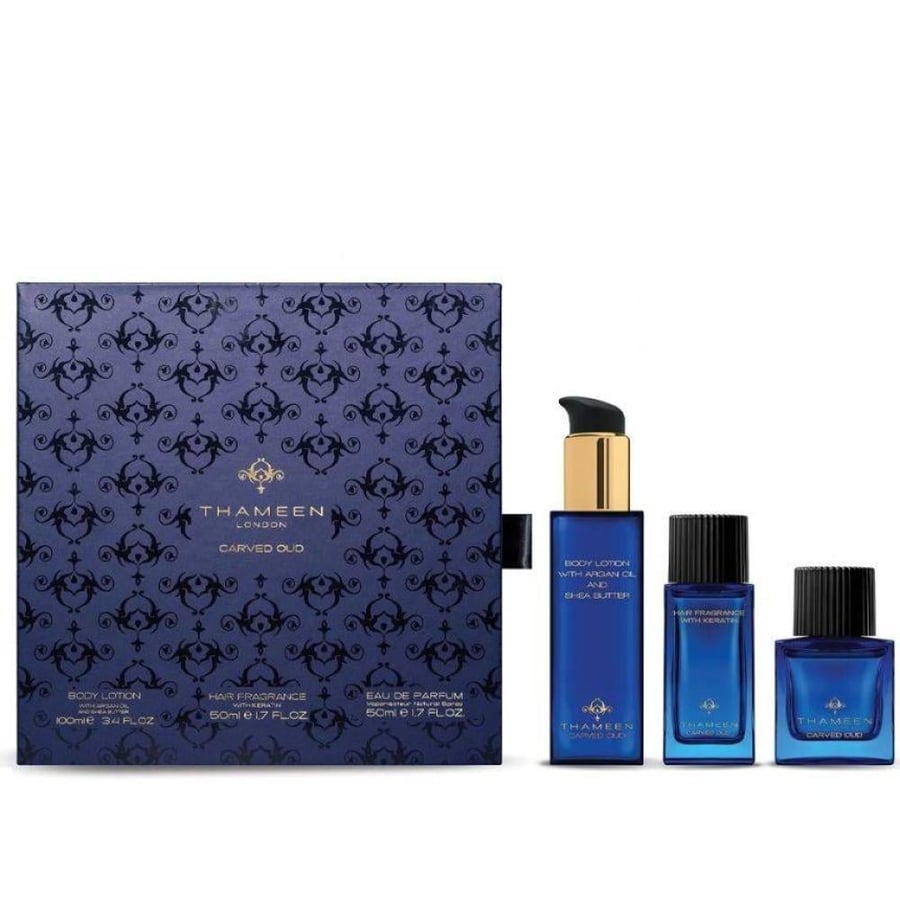 عطر أو دو برفيوم كارفد عود 50 مل + عطر للشعر مع الكيراتين 50 مل + لوشن للجسم 100 مل
