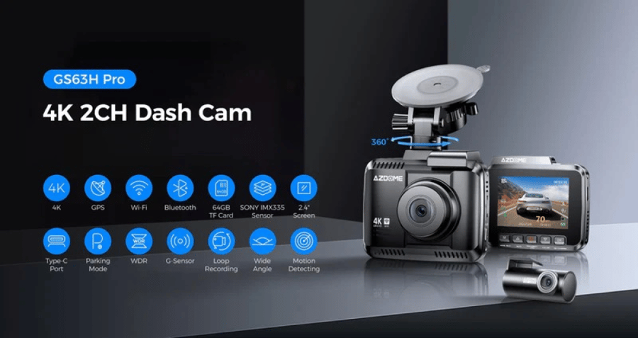 داش كام - AZDome GS63H Pro بدقة 4K، واي فاي، جي بي اس، 64 جيجابايت
