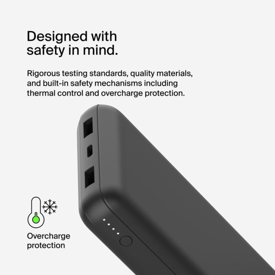 شاحن متنقل بيلكن 20000 مللي أمبير، 15واط ،منفذين USB-C مع سلك - أسود