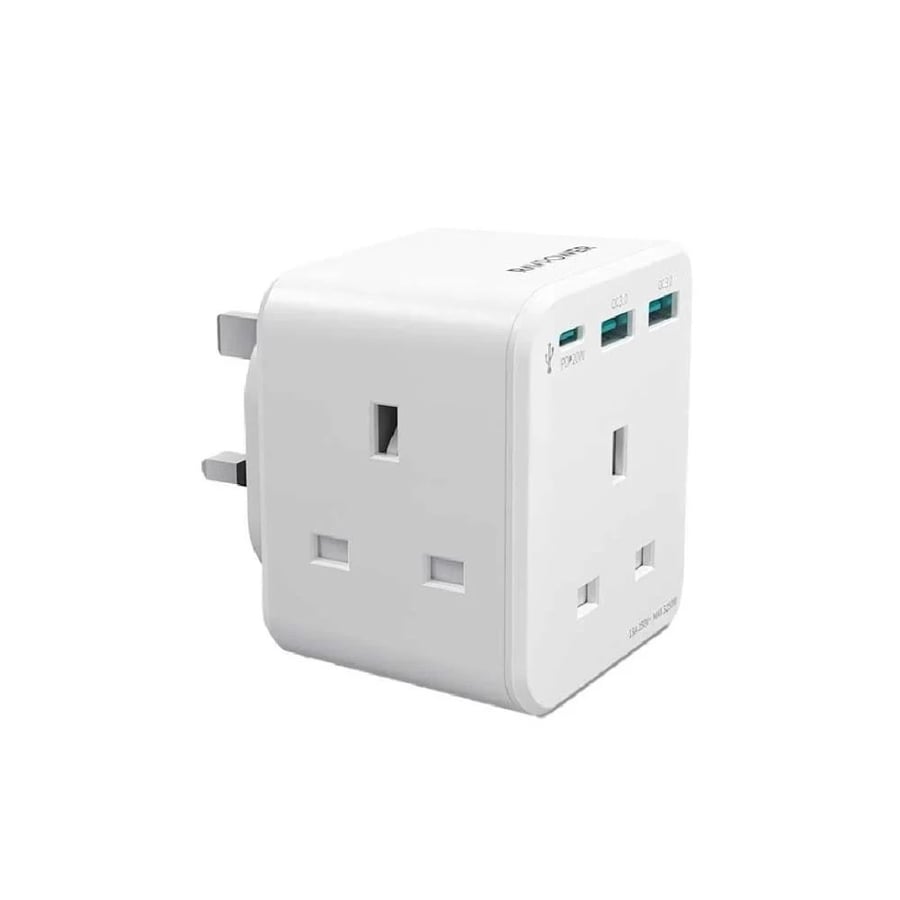 راف باور شاحن جداري بايونير 3 مداخل طاقه ثلاثيه مع منفذين USB ومنفذ تايب سي بتقنية PD بقوة 20 واط ميني