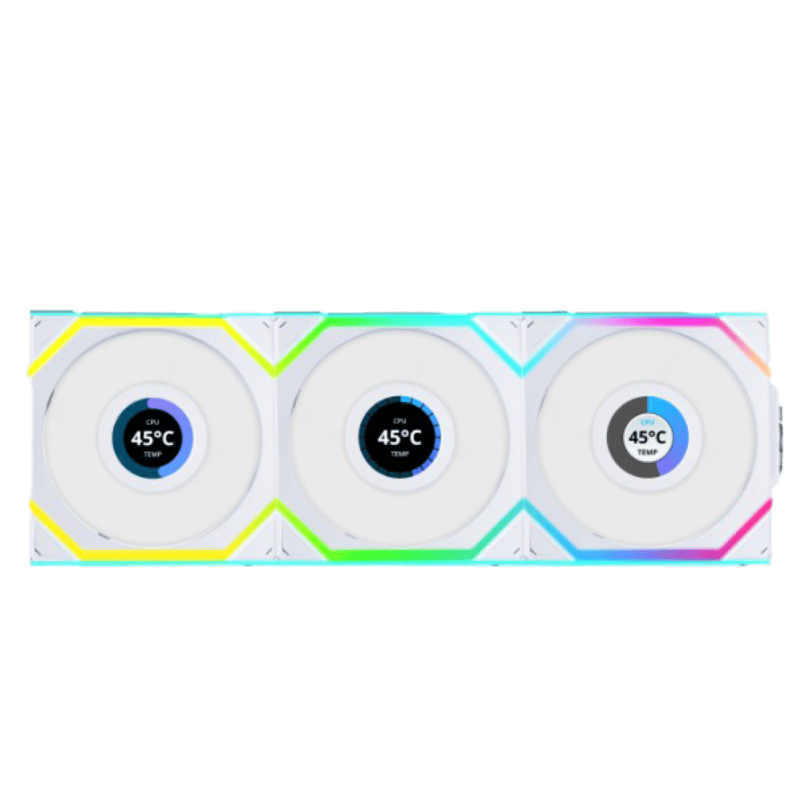مراوح ليان لي UNI FAN SL LCD مع شاشة LCD 1.6 بوصة، شفرات عكسية, لاسلكية بحجم 120 ملم - أبيض