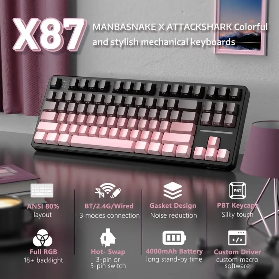 ATTACK SHARK X87 Blackberry mechanical keyboard feature overview