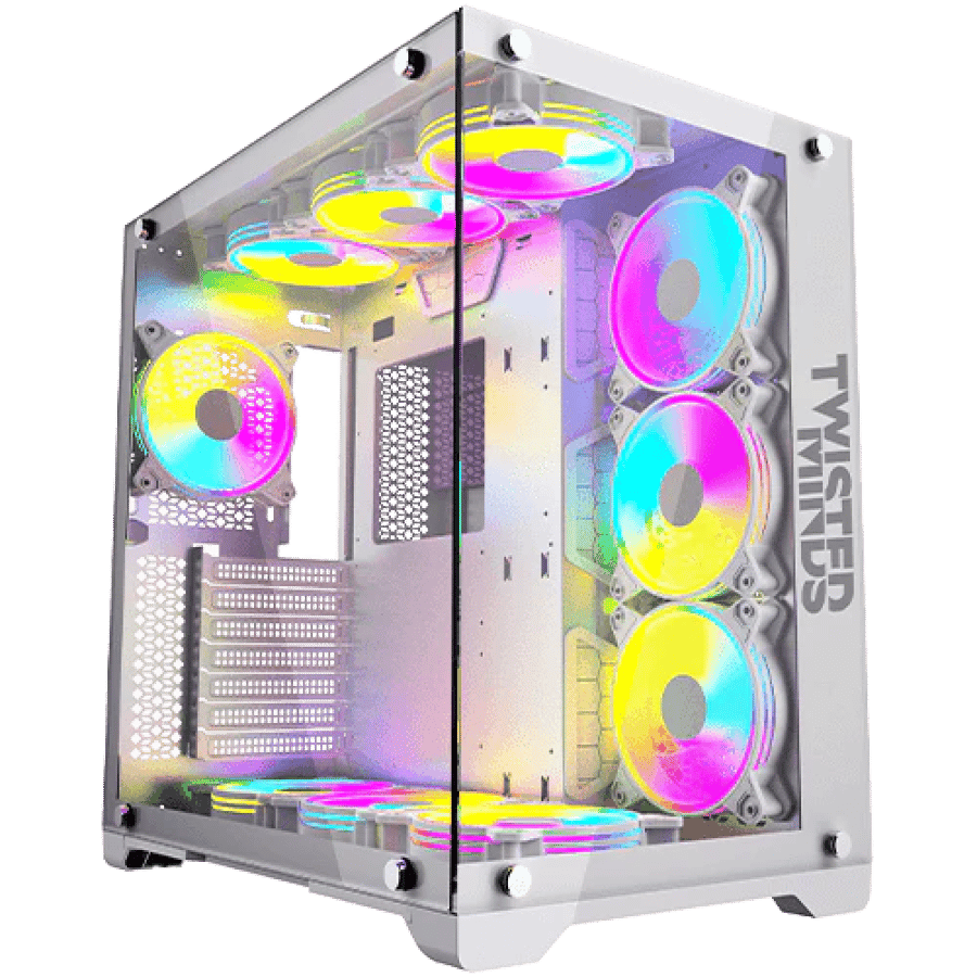 تويستد مايندز كيس ألعاب من نوع Mid Tower طراز RGB Bullet-07 بواجهة جانبية وامامية من الزجاج المقوى – ابيض