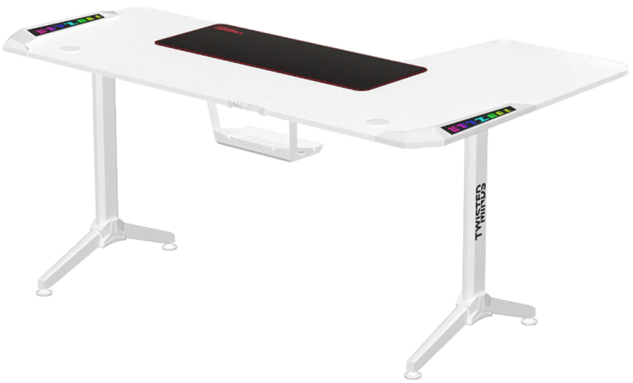 طاولة الألعاب تويستد مايندز وورير شكل حرف L بإضاءة RGB (زاوية يسار) – أبيض