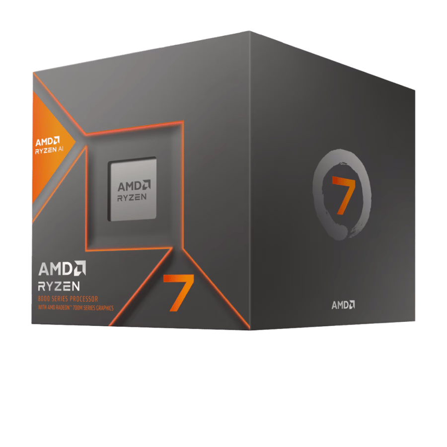 معالج AMD رايزن 7 8700G مزود بـ 8 أنوية و16 مسارًا، بتردد أساسي 4.2 GHz وتردد معزز يصل إلى 5.1 GHz، متوافق مع مقبس AM5