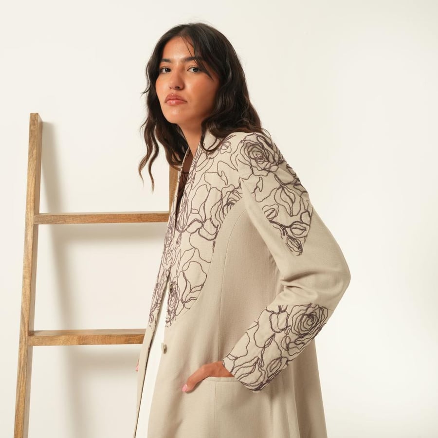 Beige Linen with Purple Blazer