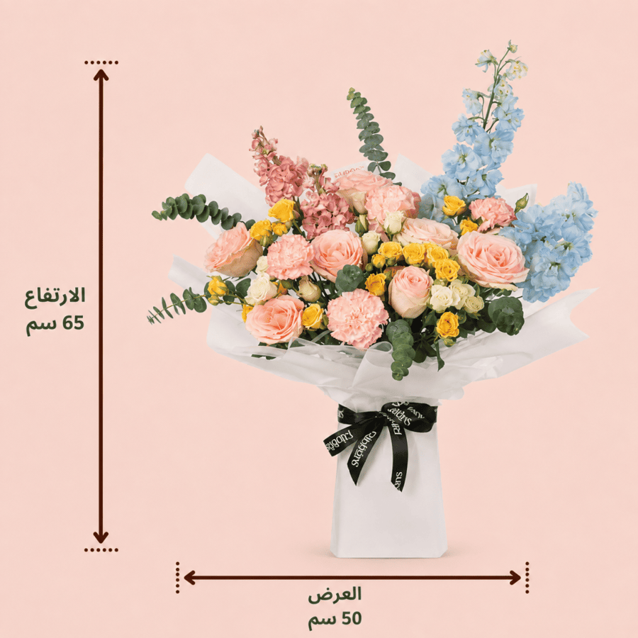 باقة ورد جوري ودلفينيوم فاخرة من ريبونز أفضل محل ورد