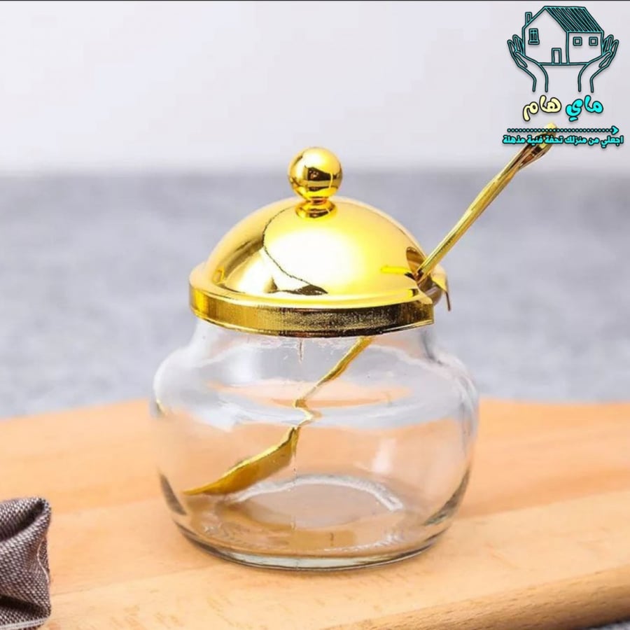 سكرية زجاج بغطاء مع ملعقة و استاند البطة العصري والمتميز، بارتفاع للإستاند 16 سم
