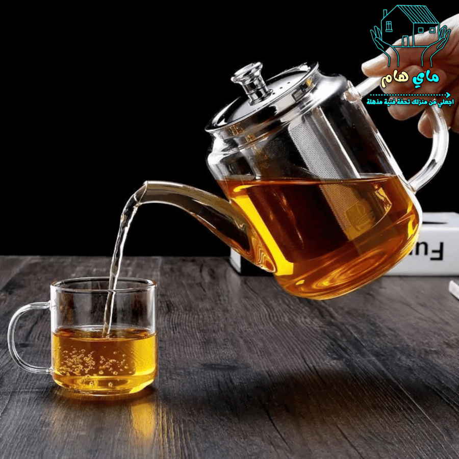 ابريق من زجاج البوروسيليكات الشفاف ضد الحرارة والنار بديزاين عصري وأنيق وصفاية استيل، 1100 مل