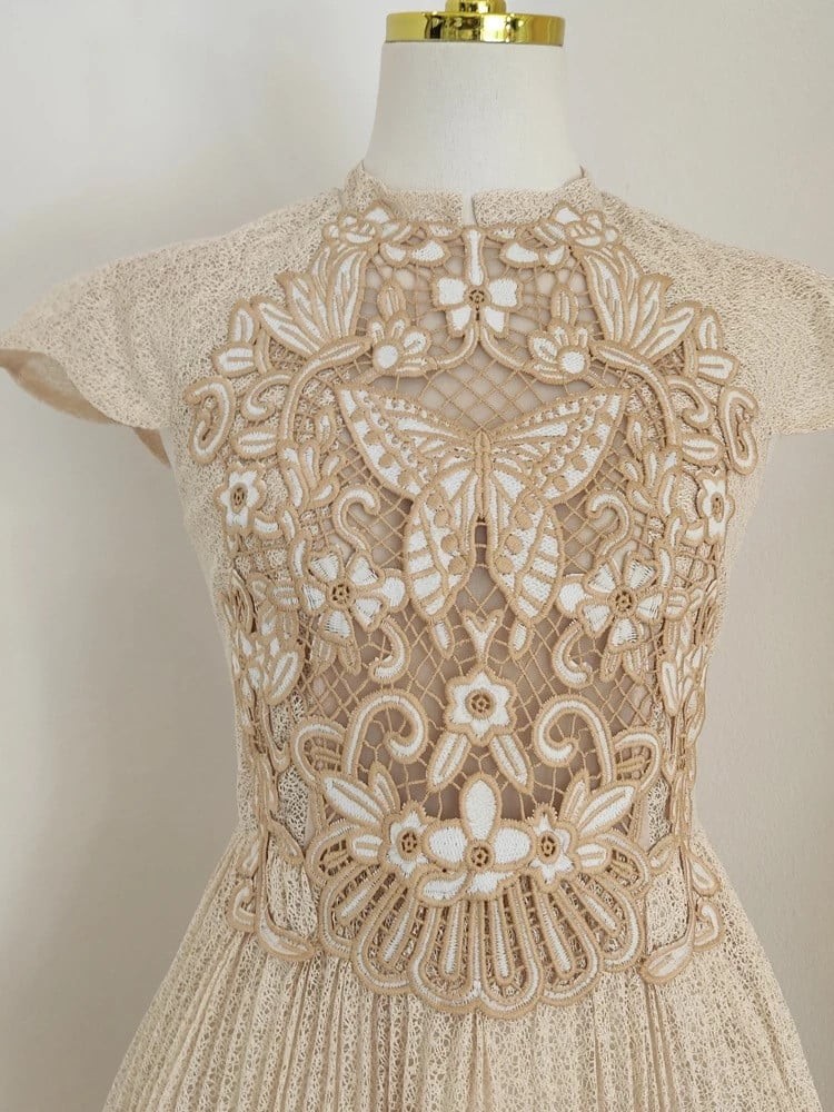 French beige dress with hand embroidery
