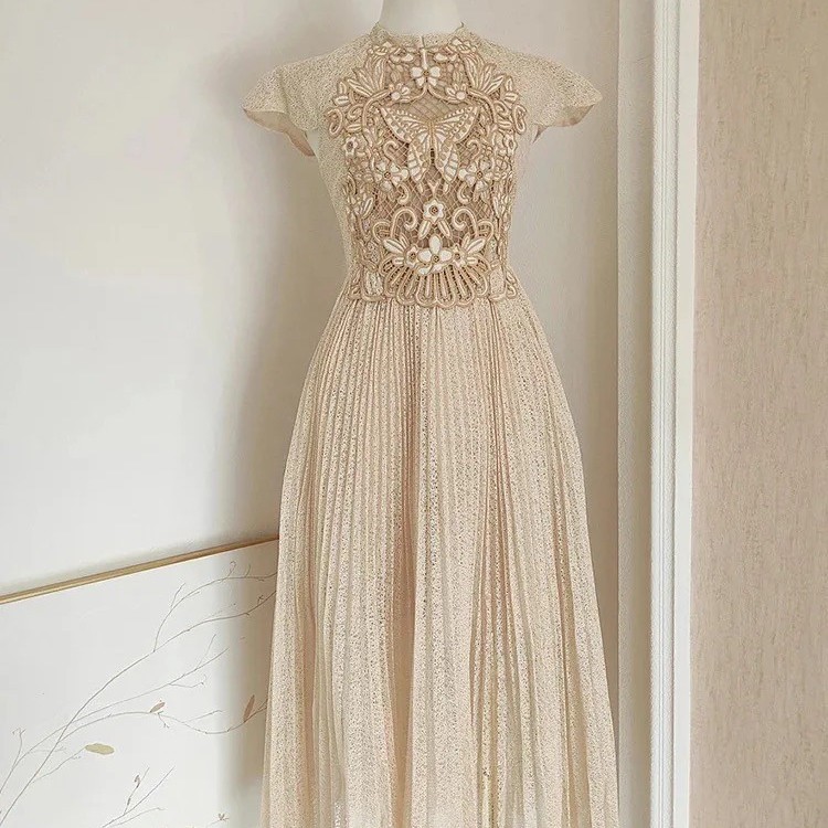 French beige dress with hand embroidery