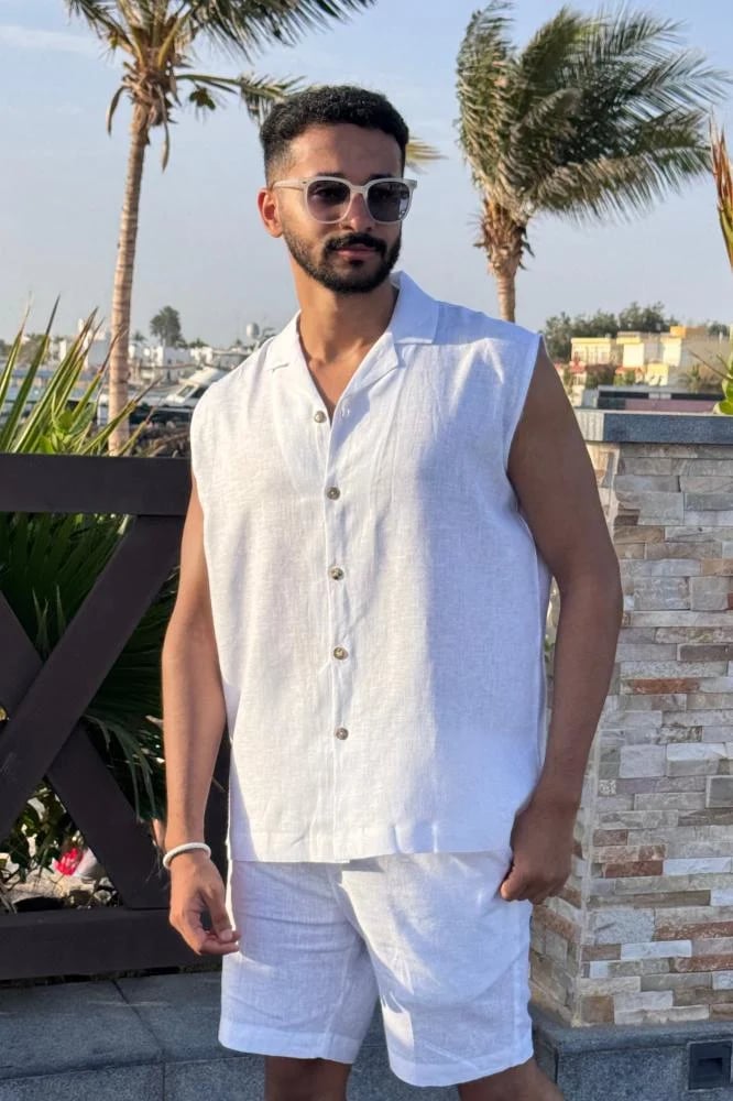 قميص كت أبيض كتان رجالي - White Linen Sleeveless Shirt