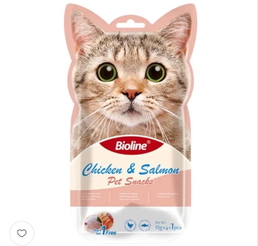 Bioline بيولاين مكافأت للقطط بالدجاج والسلمون ( خمس حبات )