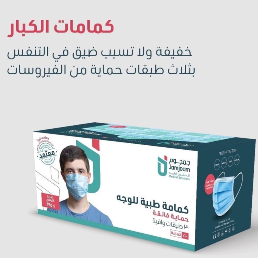 كمامات جمجوم 3 طبقات للكبار ازرق 50 قطعة