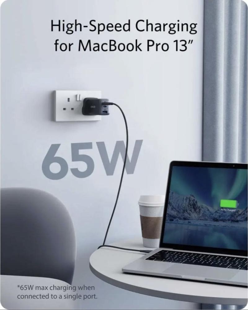 راس شاحن جداري أنكر منفذين تايب سي ومنفذ يو اس بي 65 واط Anker High-Speed 65W 3-in-1 Charger GaN A2667k14