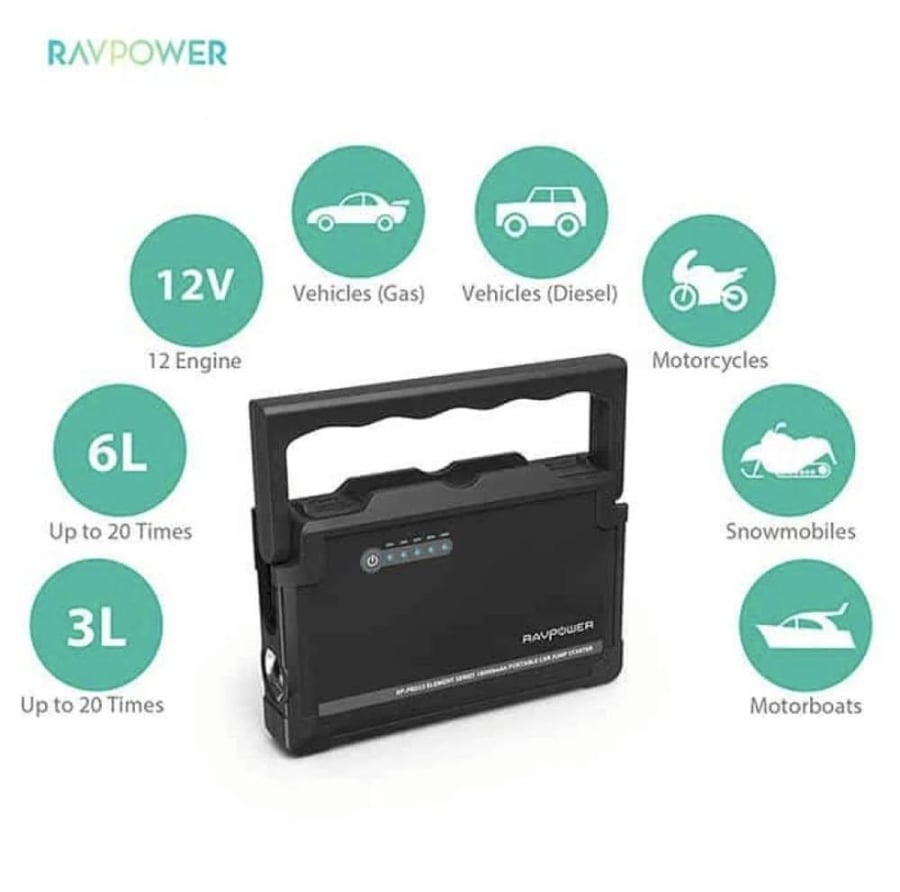 بطارية متنقلة واشتراك سيارة 18000مللي أمبير Ravpower Jump Starter 18000mAh Li-ion Battery MAX 600A